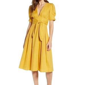 Moon River Women's Puff Sleeve A-Line Midi Dress Mustard Size Medium